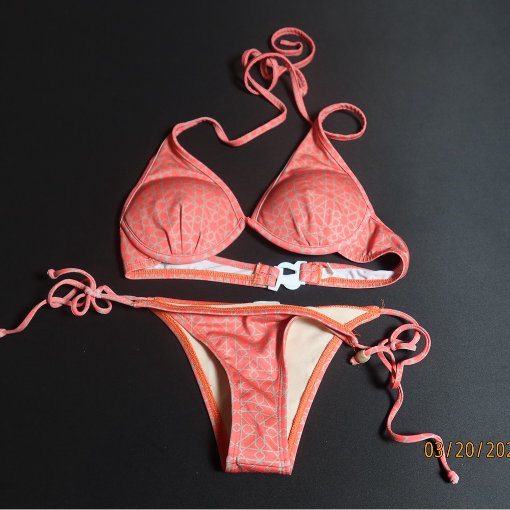 Coral Geometric Push-Up Triangle Bikini Set Tropical Coastal